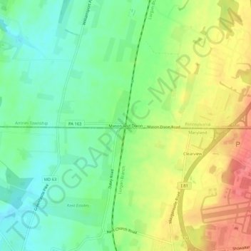 Mapa topográfico Mason and Dixon, altitud, relieve