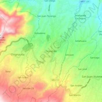 Mapa topográfico Teziutlán, altitud, relieve