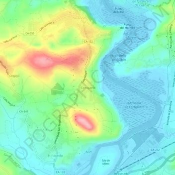 Mapa topográfico Cortiguera, altitud, relieve
