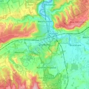 Mapa topográfico Dorking, altitud, relieve