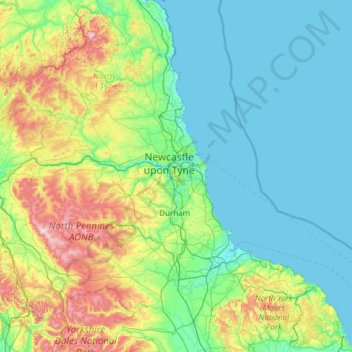 Mapa topográfico Tyne and Wear, altitud, relieve