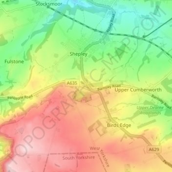 Mapa topográfico Shepley Lane Head, altitud, relieve
