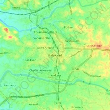 Mapa topográfico Palakkad, altitud, relieve