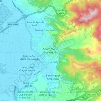Mapa topográfico Santa Maria Atarasquillo, altitud, relieve