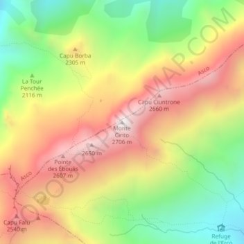 Mapa topográfico Monte Cinto, altitud, relieve