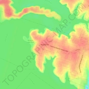 Mapa topográfico Woodland, altitud, relieve