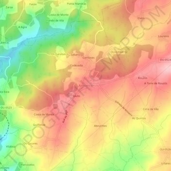 Mapa topográfico Amoeiro, altitud, relieve