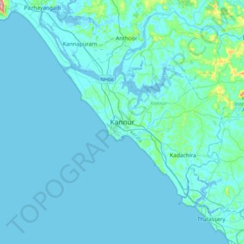 Mapa topográfico Kannur, altitud, relieve