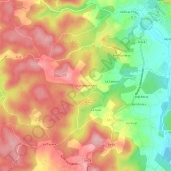 Mapa topográfico Cousteilles Hautes, altitud, relieve