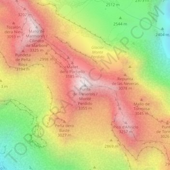 Mapa topográfico Monte Perdido, altitud, relieve