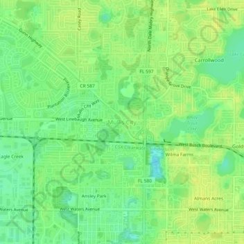 Mapa topográfico Mullis City, altitud, relieve