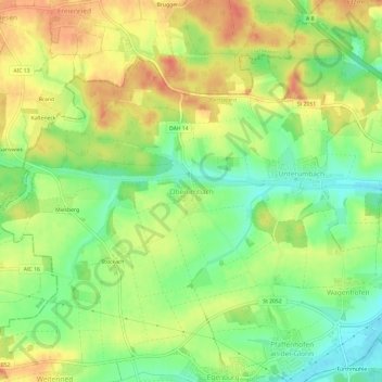 Mapa topográfico Oberumbach, altitud, relieve