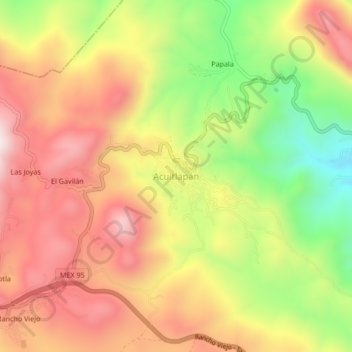 Mapa topográfico Acuitlapán, altitud, relieve