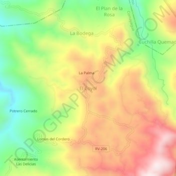 Mapa topográfico El Coyol, altitud, relieve