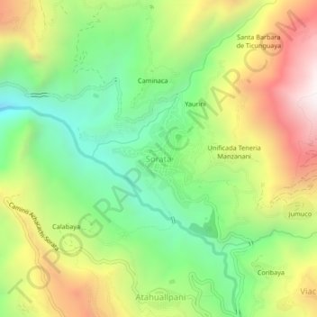Mapa topográfico Sorata, altitud, relieve