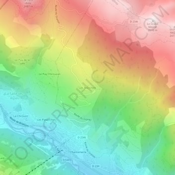 Mapa topográfico Les Tronchets, altitud, relieve