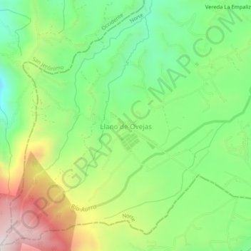 Mapa topográfico Llano de Ovejas, altitud, relieve