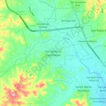 Mapa topográfico San Lorenzo Cacaotepec, altitud, relieve