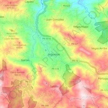 Mapa topográfico Adjuntas, altitud, relieve