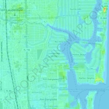 Mapa topográfico Lauderdale Harbors, altitud, relieve