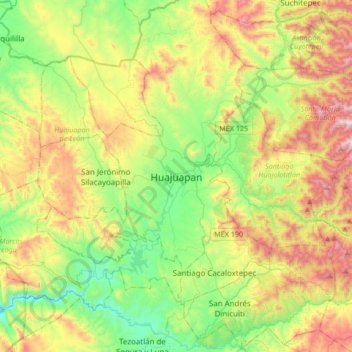 Mapa topográfico Huajuapan, altitud, relieve