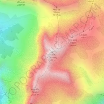 Mapa topográfico Tête du Colonney, altitud, relieve