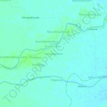 Mapa topográfico Vishnupuram, altitud, relieve