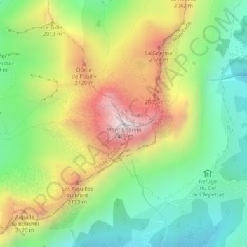 Mapa topográfico Mont Charvin, altitud, relieve