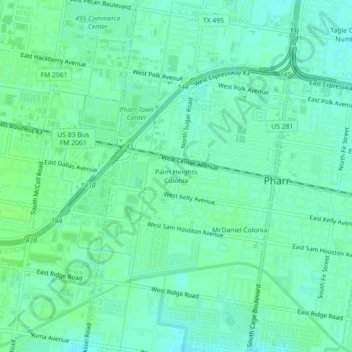Mapa topográfico Palm Heights Colonia, altitud, relieve