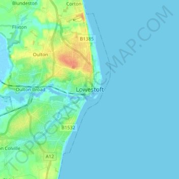 Mapa topográfico Lowestoft, altitud, relieve