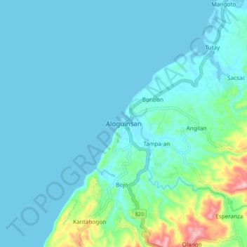 Mapa topográfico Aloguinsan, altitud, relieve