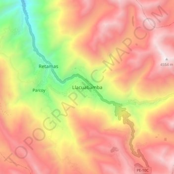Mapa topográfico Llacuabamba, altitud, relieve