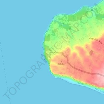 Mapa topográfico Uluwatu, altitud, relieve