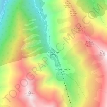 Mapa topográfico Pradières d'En Bas, altitud, relieve