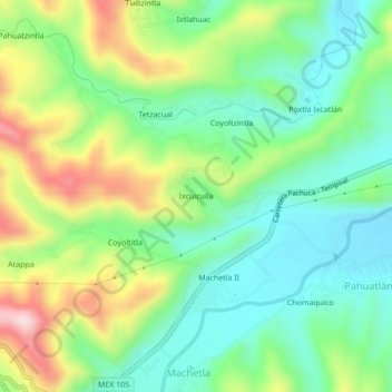 Mapa topográfico Ixcuicuila, altitud, relieve