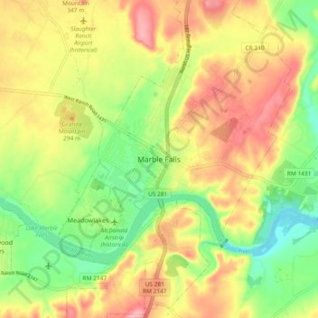 Mapa topográfico Marble Falls, altitud, relieve