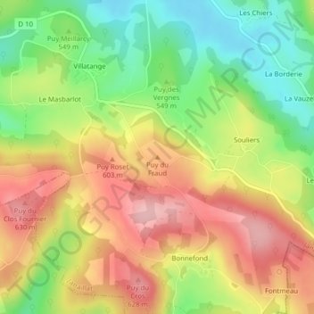 Mapa topográfico Puy du Fraud, altitud, relieve