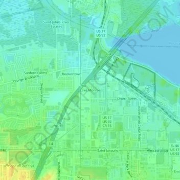 Mapa topográfico Lake Monroe, altitud, relieve