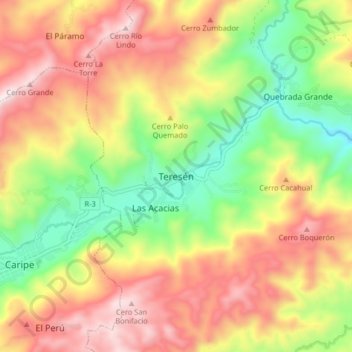 Mapa topográfico Teresén, altitud, relieve