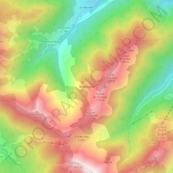Mapa topográfico Belle Plagne, altitud, relieve