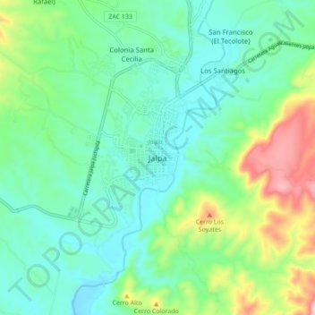 Mapa topográfico Jalpa, altitud, relieve