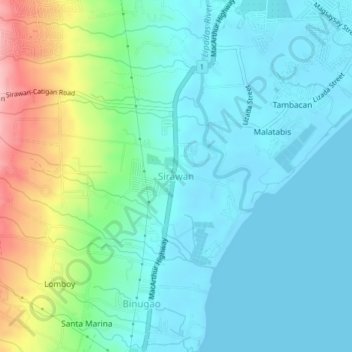 Mapa topográfico Sirawan, altitud, relieve