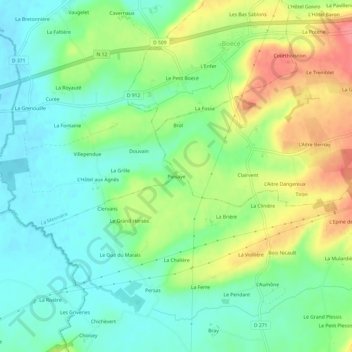 Mapa topográfico Puisaye, altitud, relieve