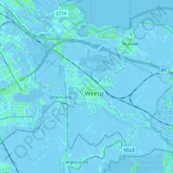 Mapa topográfico Weesp, altitud, relieve