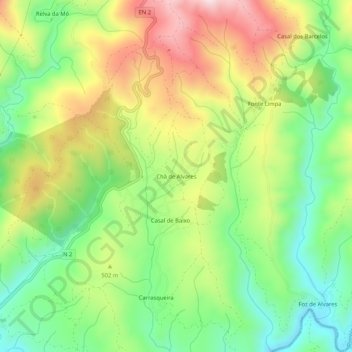 Mapa topográfico Chã de Alvares, altitud, relieve