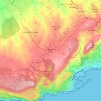 Mapa topográfico Zambujal de Cima, altitud, relieve