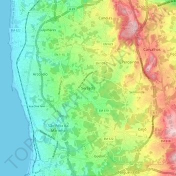 Mapa topográfico Serzedo, altitud, relieve
