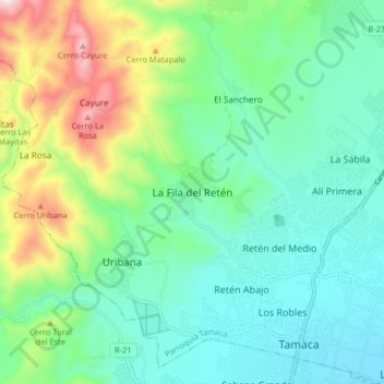 Mapa topográfico La Fila del Retén, altitud, relieve