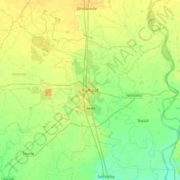 Mapa topográfico Panipat, altitud, relieve