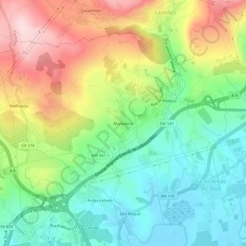 Mapa topográfico Manjoeira, altitud, relieve